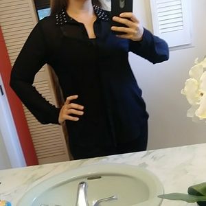 Studded Collar Black Button Up Blouse